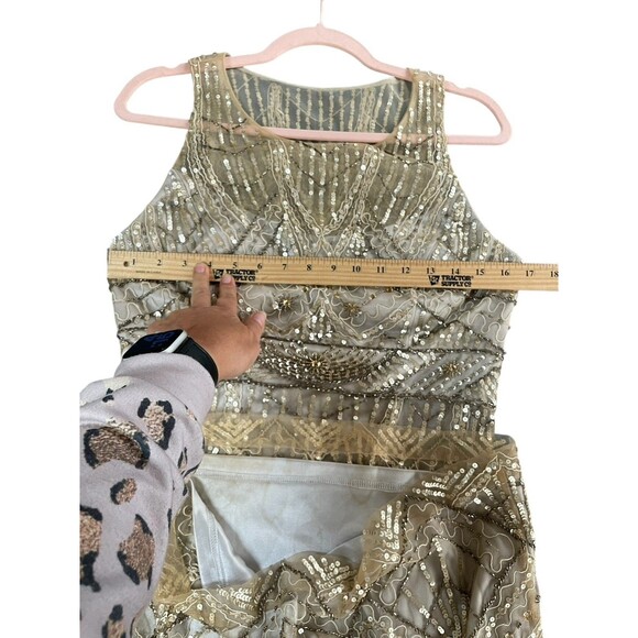 SUE WONG 10 Champagne Silver Beaded Sequin Bridal Formal Cocktail Evening Dress - Picture 9 of 16